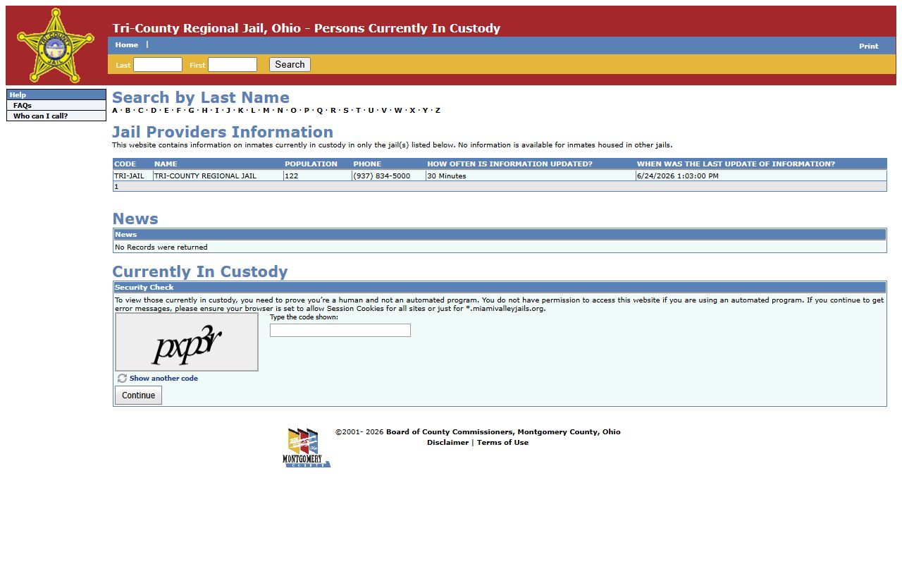 Union County inmate records Tri-County roster search page