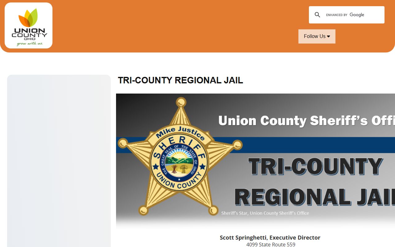 Union County official page for Tri-County Regional Jail with address and phone details