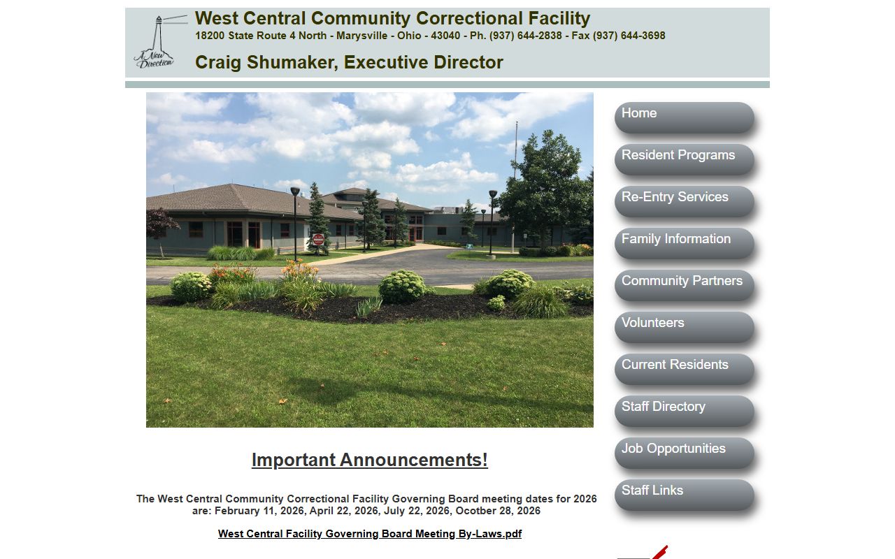 West Central Community Correctional Facility homepage with capacity and counties served